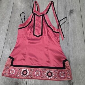 bebe Pink Halter Crop Top with Black Trim and Embroidered Hem